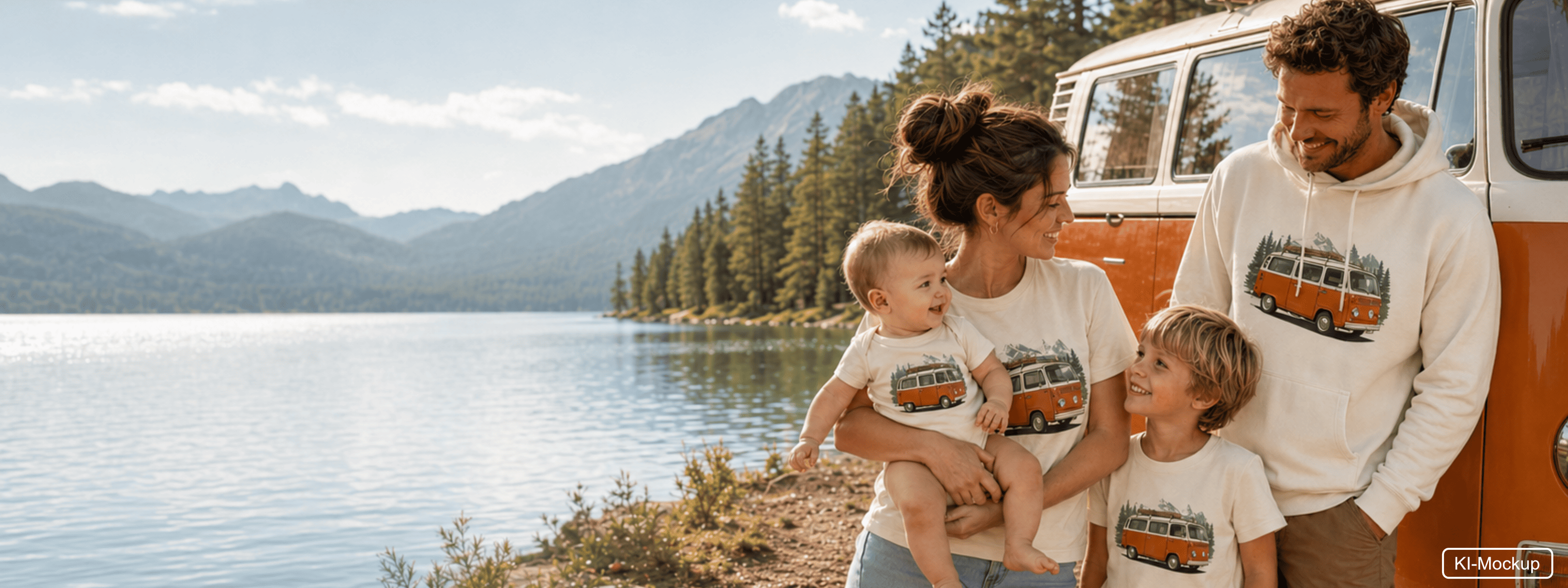 Familie am See mit personalisierter Vanscape Campingkleidung